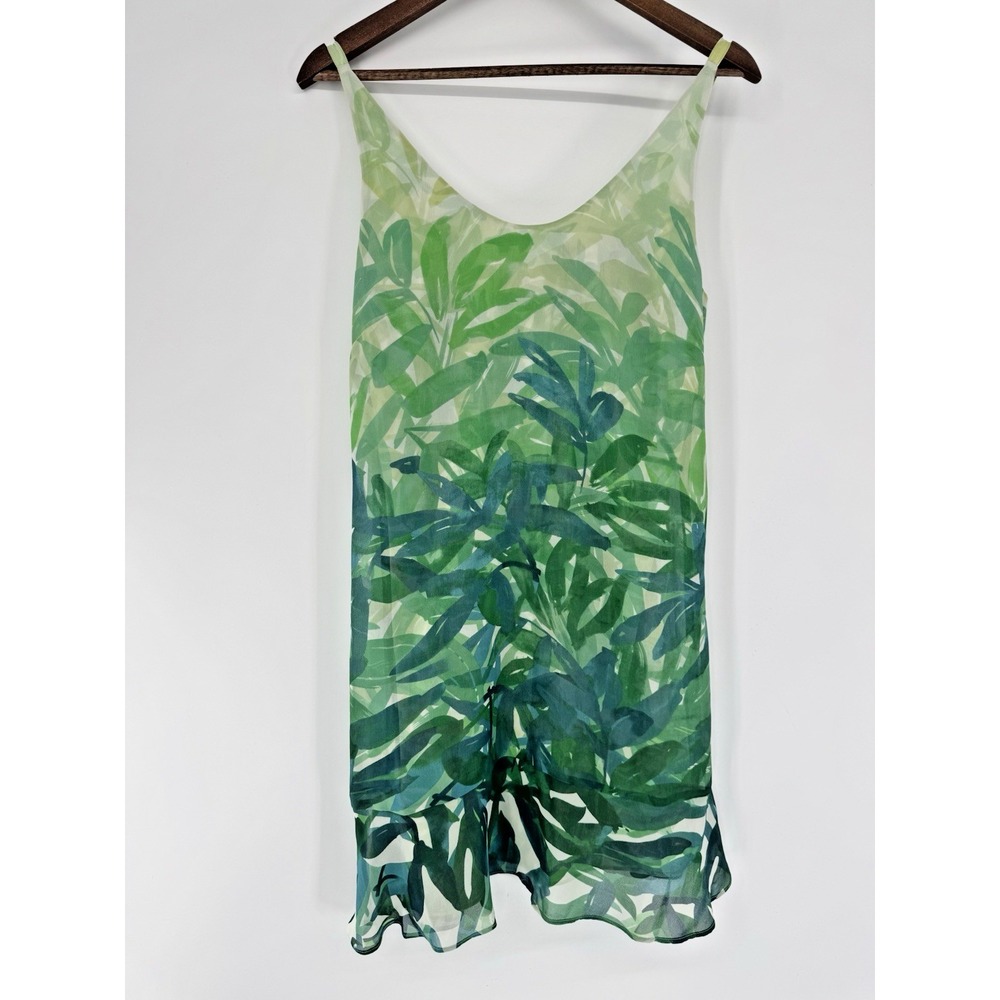 Cabi Dress Green Watercolor Ruffle Hem Sundress tropical vacation resort S Fairy